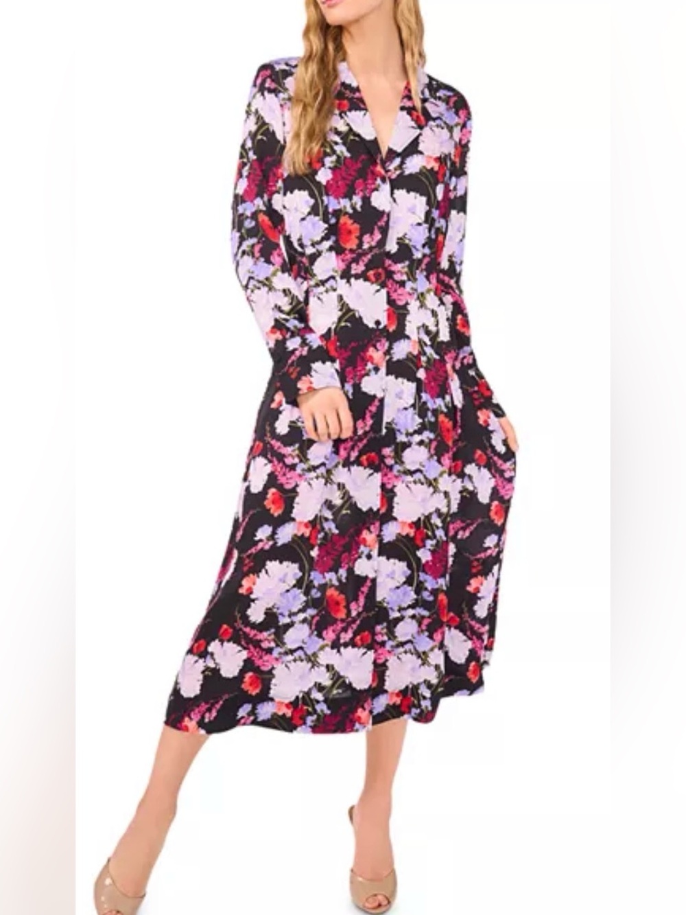 Ted Baker London Black Floral Long Sleeve Midi Dress with Pink & Red Blossoms